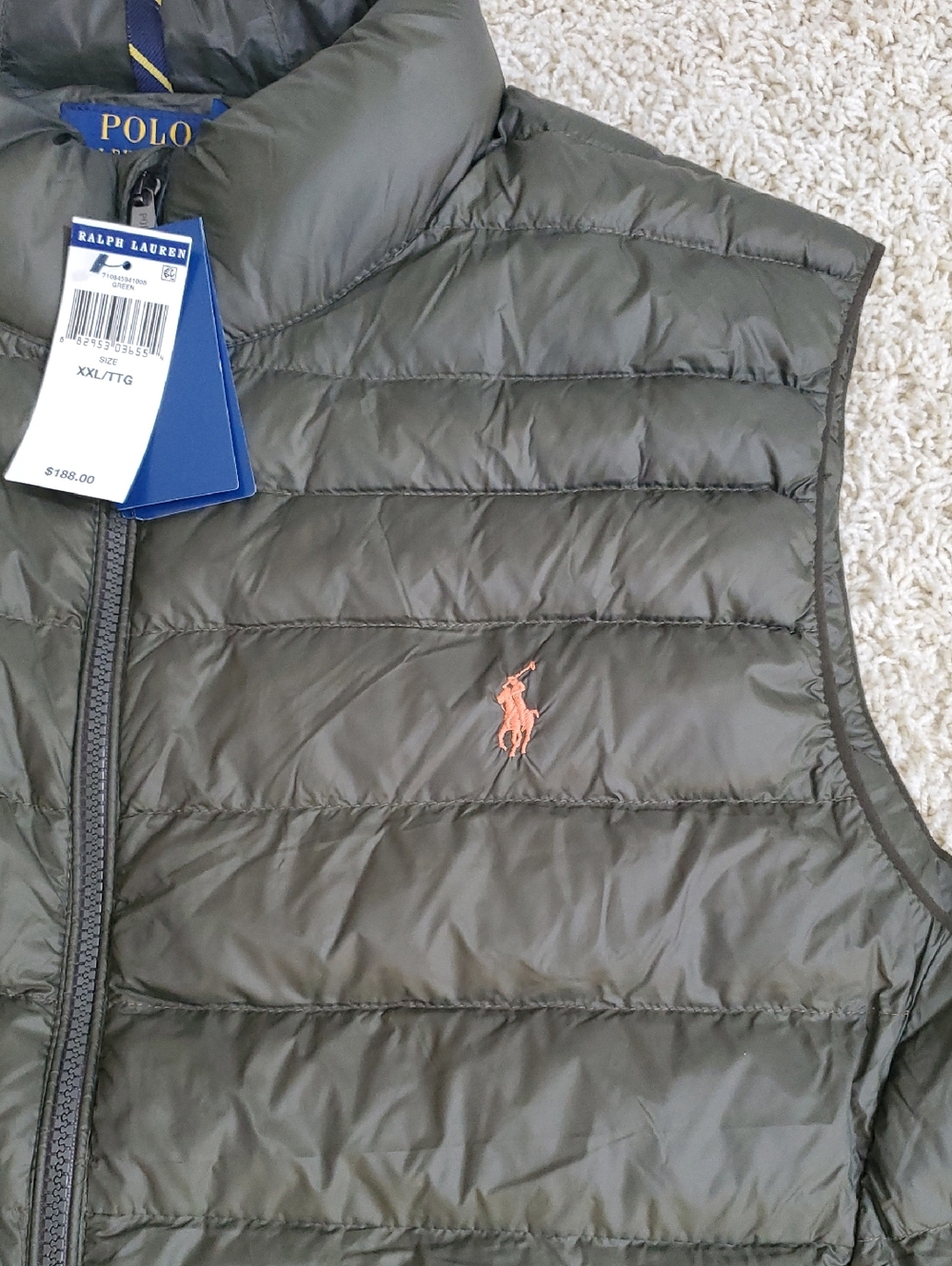 Polo by Ralph Lauren Olive Quilted Puffer Vest with Orange Pony - Picture 2 of 7